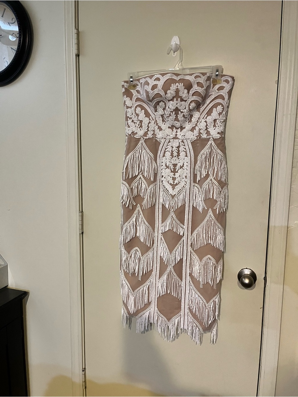 Dress the Population Strapless Beige Dress with White Lace & Fringe